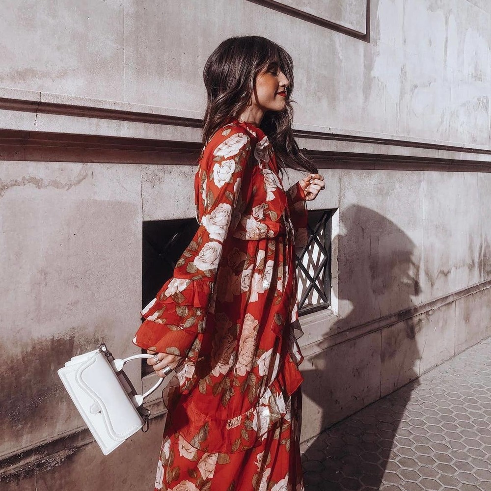 ZARA FLOWY RUFFLE TRIM LONG DRESS WITH TIE ROSE PRINT RED - Picture 11 of 16